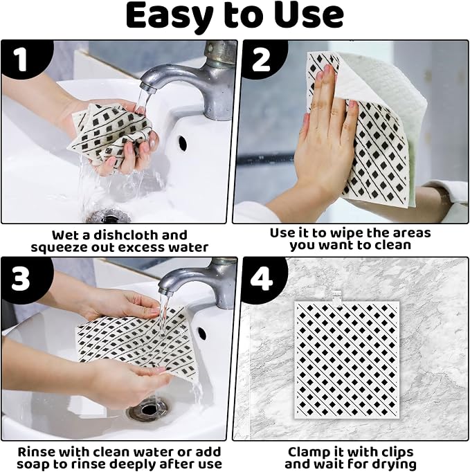 6 Pack Swedish Dishcloths for Kitchen,Swedish Rags Dish Towels with Clips | Reusable Paper Towels Washable Absorbent Cellulose Sponge Cloths No Odor for Countertop Sink Kitchen