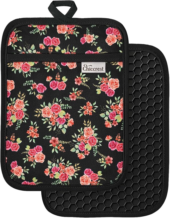 100% Cotton Pot Holders Textured Soft Silicone Grip Pink Rose | Stylish Pot Holders 2pcs, Machine Washable Non-Slip Heat Resistant Hot Pads & Oven Mitts 2-in-1, Practical Kitchen Decor