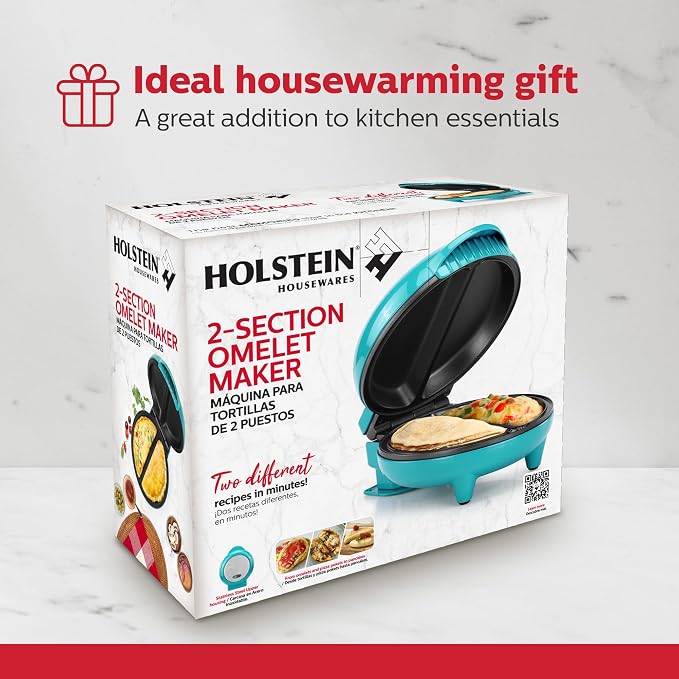 Holstein Housewares Stainless Steel 2 Section Omelet & Frittata Maker, Non Stick Coating, Easy To Clean, Indicator Lights, Compact Storage, Prepare Versatile Recipes in Minutes. 2 Portions, Teal