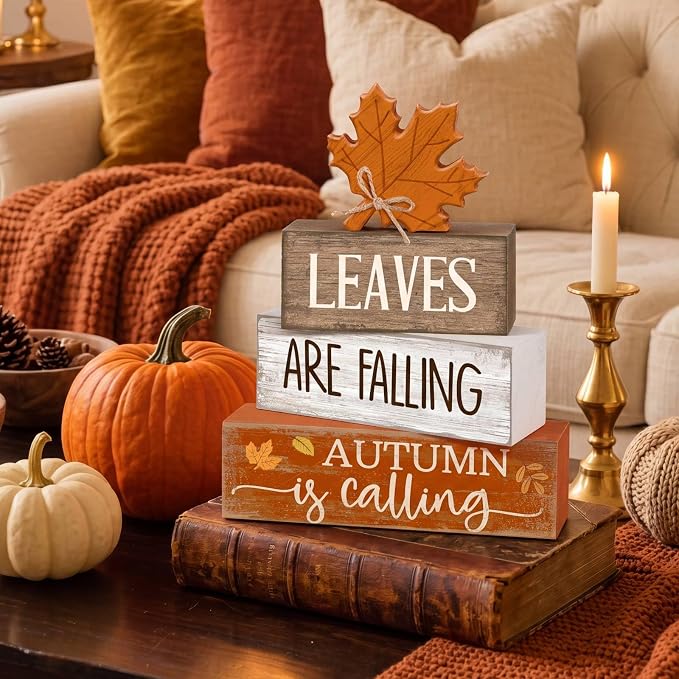 Lineshading 4 Pcs Autumn Block Signs, Farmhouse Tiered Tray Decor | Stacked Signs with Maple Leaf, Fall Tabletop Centerpiece, Mantle Shelf Display, Back to School Autumn Decoration