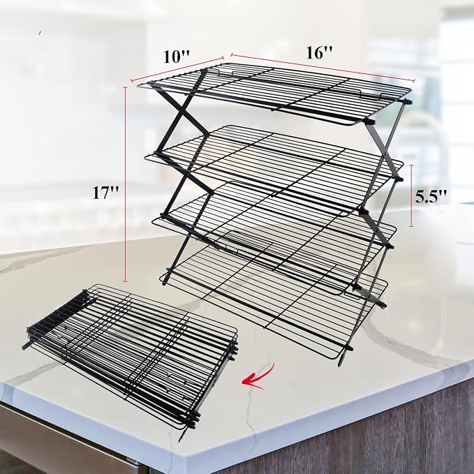 4-Tier Collapsible Cooling Rack For Baking - Expandable & Foldable Cookie Cooling Wire Rack - Baking Rack - Foldable Cooling Rack For Baking Supplies - Premium Quality & Sturdy Legs