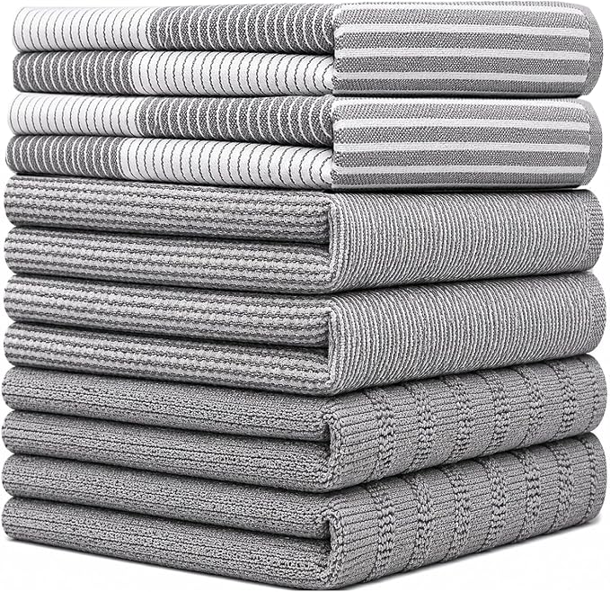 Premium Kitchen Towels 6 Pack 100% Cotton, 20"x28" Dish Towels - Grey | Large Flat & Terry Kitchen Linen Set with Hanging Loops, Highly Absorbent for Washing and Drying Dishes