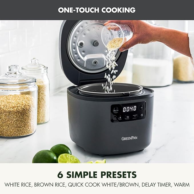 GreenPan Advanced Rice Cooker, 4-Cups Uncooked/8-Cups Cooked, Removable Nonstick Ceramic PFAS-Free Pot, White & Brown Rice, Family Sized, Quick Cook in 25mins, 6 Presets, Fuzzy Logic Tech, Graphite
