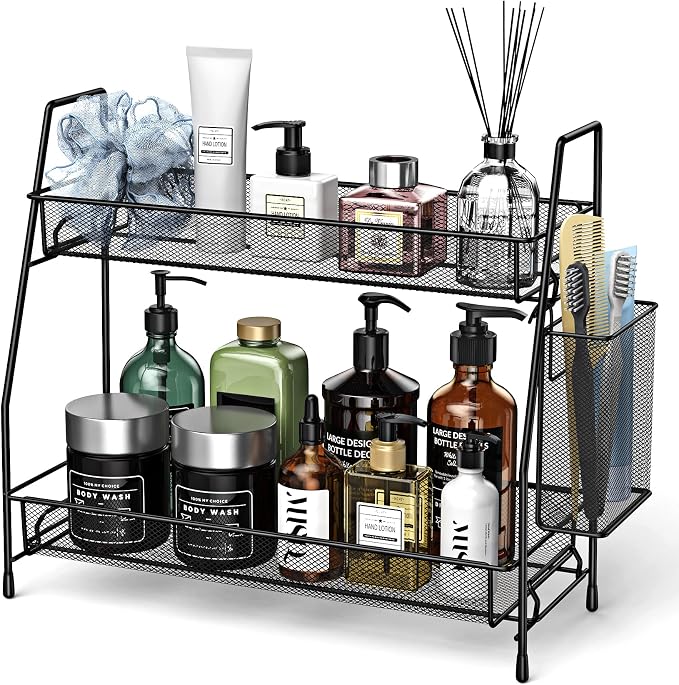 Bathroom Organizer Countertop, Spice Rack Organizer for Cabinet,Black | 2-Tier Bathroom Counter Organizer,Vanity Organizer Corner Shelf with Small Basket for Sink,Kitchen,Bedroom,Living room,Office