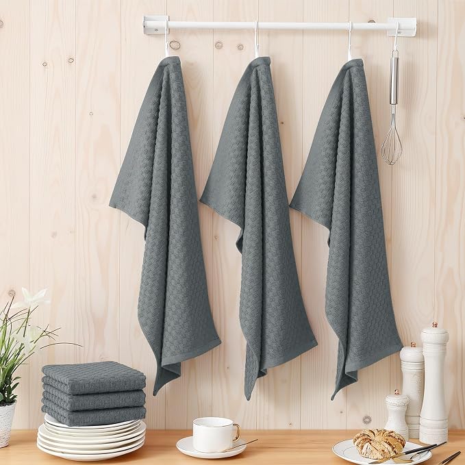 Homaxy 100% Cotton Terry Kitchen Towels(15" x 25", 12 Pack), Dark Grey | Soft and Super Absorbent Dish Towels, 380 GSM Reusable Tea Towel with Hanging Loop, Pineapple Grid Designed