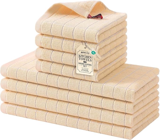 Homaxy Kitchen Towels and Dishcloths Set, Set of 8, Apricot | Bulk Cotton Terry Kitchen Towels, Checkered Designed, Soft and Super Absorbent Dish Towels, 12 x 12 and 13 x 28 Inches