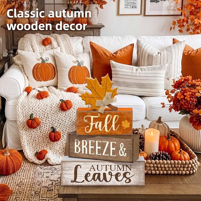 Lineshading 4 Pcs Wooden Fall Block Signs Farmhouse Tabletop Decor | Rustic Home Accent for Tiered Trays, Autumn Leaves Theme, Stacked Design for Seasonal Display, Harvest Lettering