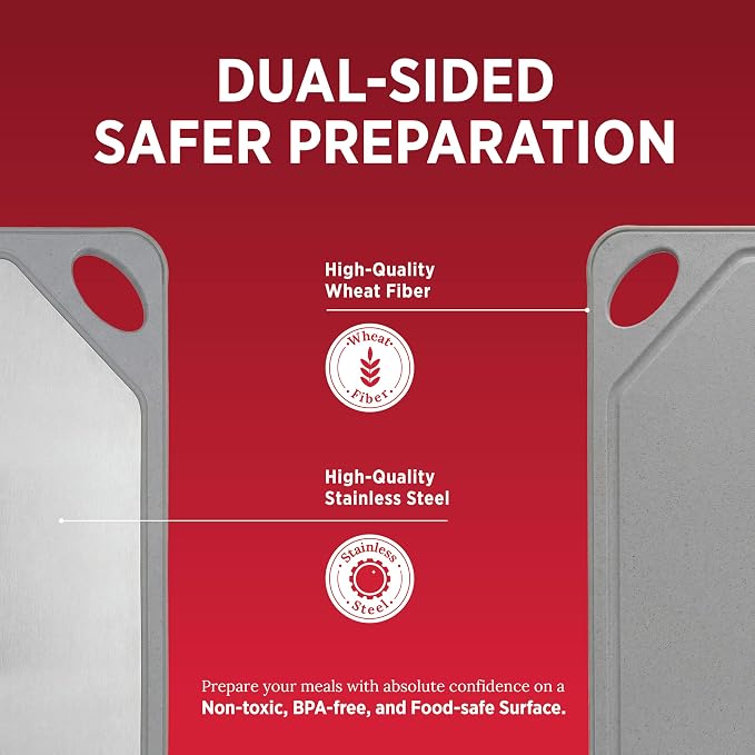 Rubbermaid Stainless Steel Cutting Board, Dishwasher Safe Double Sided Cutting Boards for Kitchen | BPA Free Non Toxic Chopping Board for Meat, Veggies & Fruits | Wheat Fiber & Steel Cutting Board
