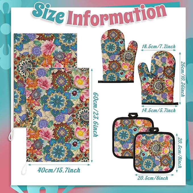 Jingmore 6 Pcs Kitchen Decor Set Accessory Farmhouse Kitchen Towels Pot Holders Oven Mitts Set 2 Dish Towels 2 Pot Holders 2 Cooking Mittens Oven Glove for Cooking(Colorful,Boho Floral)