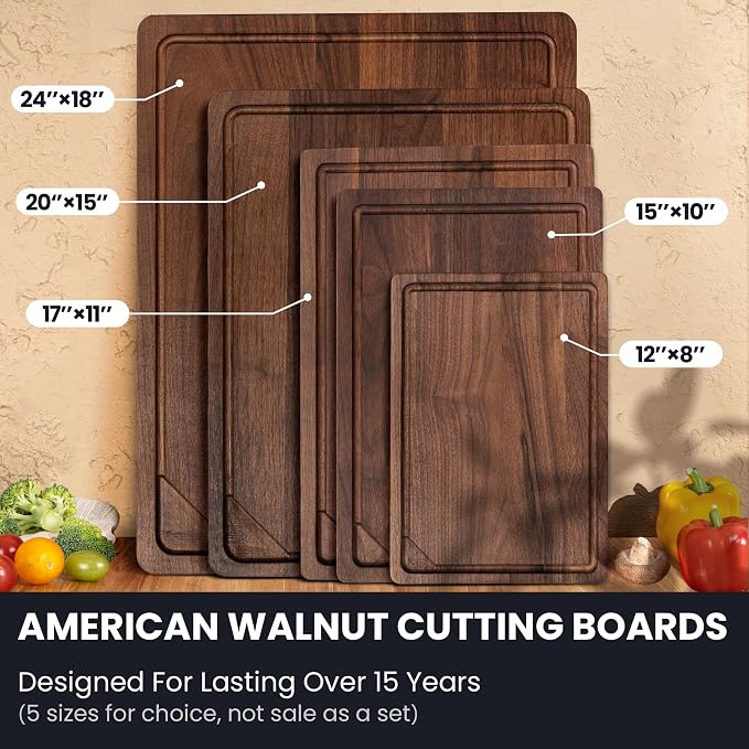 Walnut Wood Cutting Board for Kitchen with Deep Juice Groove & Side Handles, 12”L x 8”W x 0.8”H, Handcrafted North American Black Walnut Wood Grain, Small Chopping Board, Reversible Butcher Block