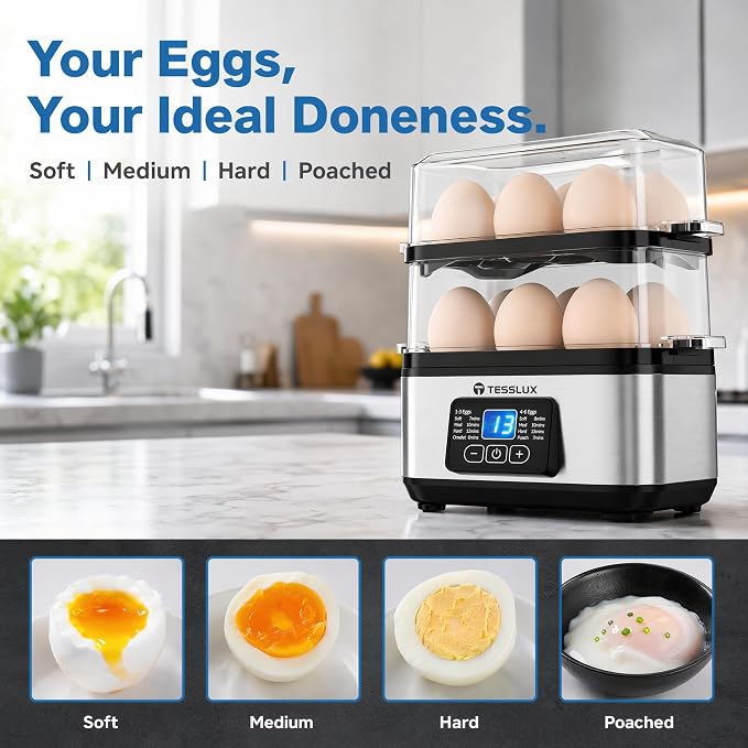 Tesslux Egg Cooker, Dual Layer 12 Egg Boiler, Soft Hard Poached, Silver | LED Countdown Timer, Touch Control, Poaching Bowl, Omelet Maker, Two Trays, Vegetable Steamer, Auto Shut-Off, Buzzer Alert