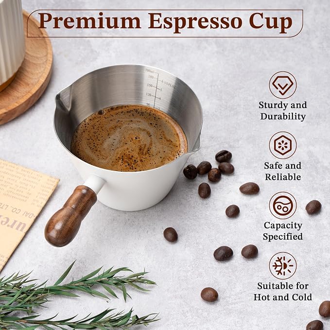 Amrules 6.8oz Espresso Measuring Cup with Wood Handle & Double Spout, White | 18/8 Stainless Steel & Wood Handle, V-Shaped Spout for Precision Pouring, Clear Scale Markings, for Coffee, Milk, Tea & Syrup
