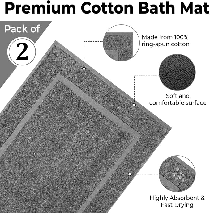 KAHAF COLLECTION Bath Mat Floor Towel Set - Absorbent Cotton Hotel Spa Shower/Bathtub Mats [Not a Bathroom Rug] 22"x34" Pack of 2