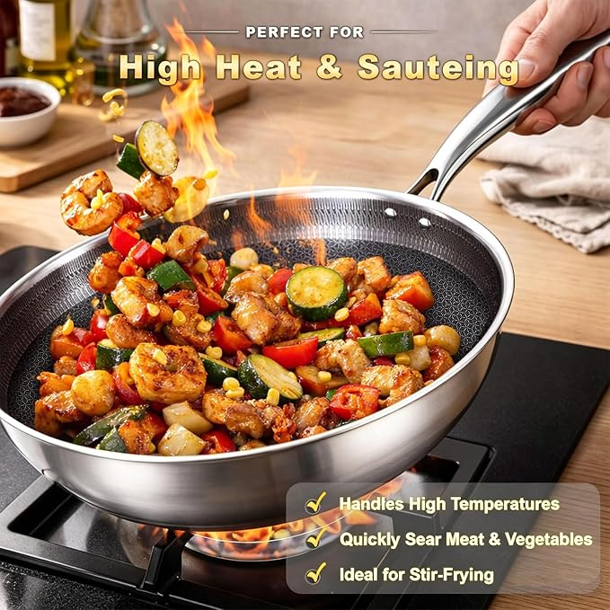 LOLYKITCH Hybird Nonstick Wok Pan with Lid | 10-Inch | Rivented Handle | Non Toxic | Tri-Ply Stainless Steel | Ceramic Coating | Stir Fry Pan | Induction Compatible | Dishwasher & Oven Safe