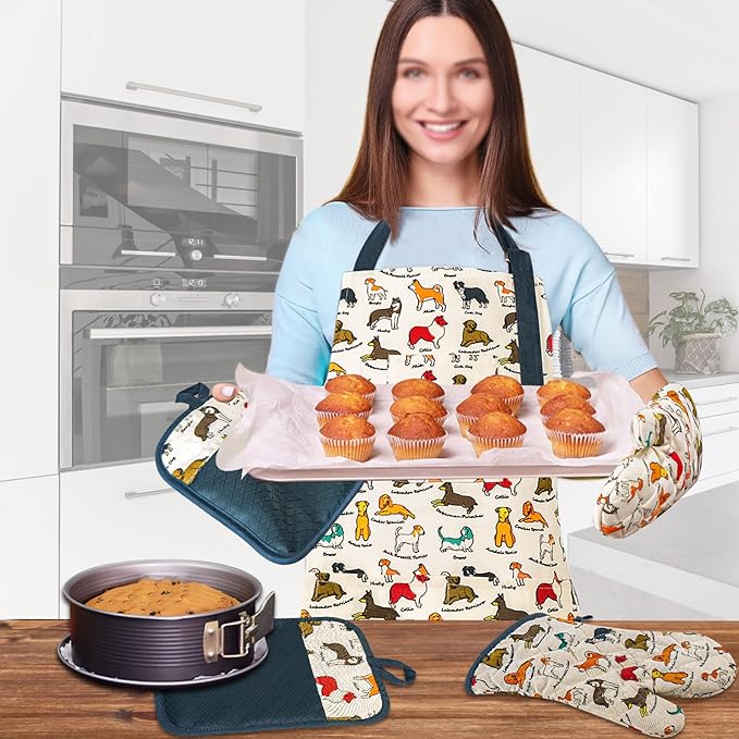 Alselo Oven Mitts and Pot Holders with Chef Apron,Kitchen Set of 5 | Heat Resistant Kitchen Gloves and Silicone Non-Slip Potholders Adjustable Neck Buckle Chef Apron, Cotton Dog Design (Dog)