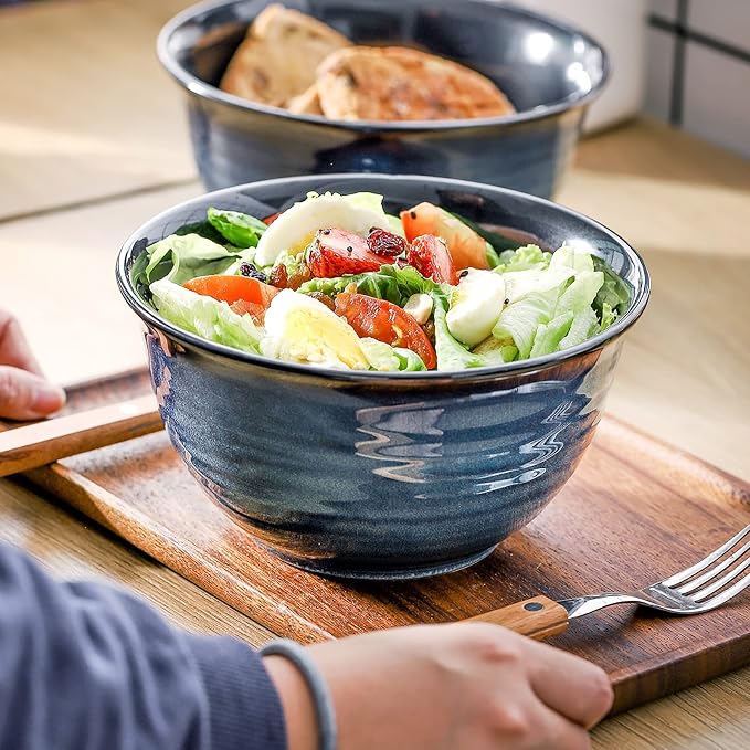Hasense Ceramic Soup Bowls Set of 4, 40 Ounce Large Cereal Bowls for Kitchen, 7 Inch Serving Bowls for Salad Pasta Ramen Pho Popcorn, Dishwasher Microwave Safe, Navy Blue