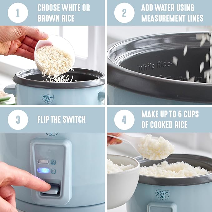 GreenLife Rice Cooker, 3-Cups Uncooked/6-Cups Cooked, Blue Haze | PFAS-Free Ceramic Nonstick Removable Pot, One-Switch Design, Grains Multicooker, Keep Warm, Dishwasher Safe Parts, Easy Clean