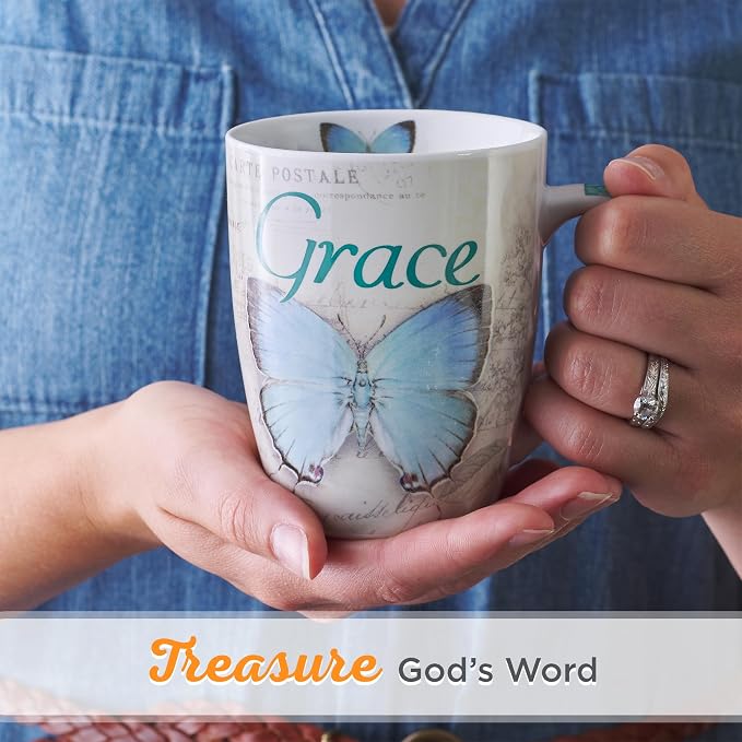 Christian Art Gifts Botanic Blue Butterfly Ceramic Coffee Mug – Inspirational Coffee Cup for Women & Men 12 oz. Lead-free Microwave and Dishwasher Safe Coffee Mug with Bible Verse: Grace - Eph. 2:8