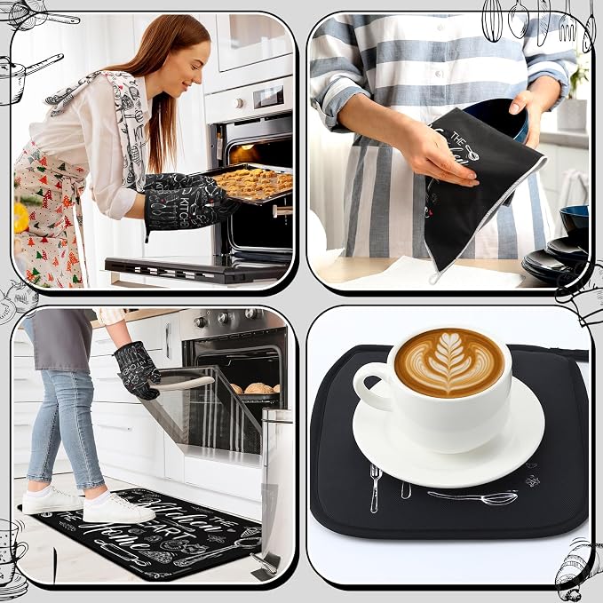 Fourluoo 10 Pcs Black and White Kitchen Decor Farmhouse Oven Mitts and Pot Holders Sets Vintage Kitchen Dish Towels Rustic Pattern Oven Mitts for Home Decorations Baking Cooking