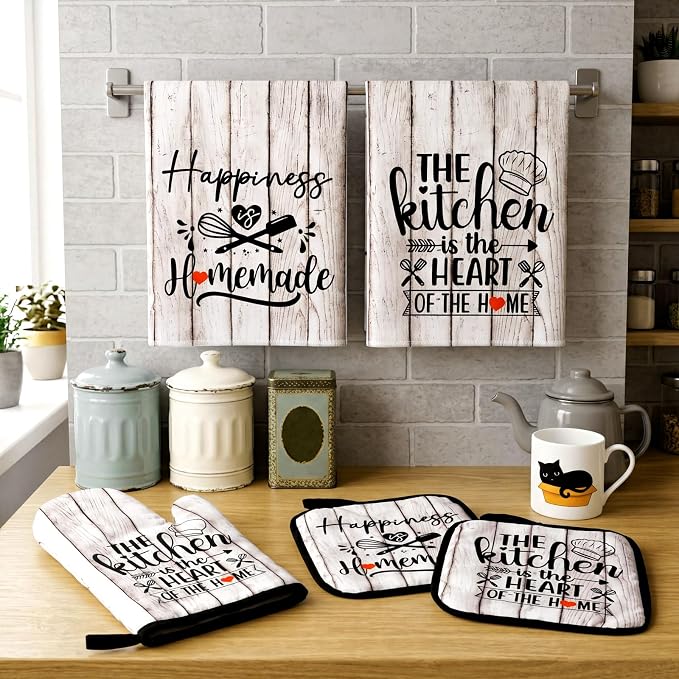 Sratte 6 Pcs Kitchen Decor Accessories Set, Kitchen, White Wood Grain | Farmhouse Kitchen Towels Pot Holders Oven Mitts Set 2 Dish Towels 2 Potholders 2 Cooking Mittens for Baking Cooking Supply