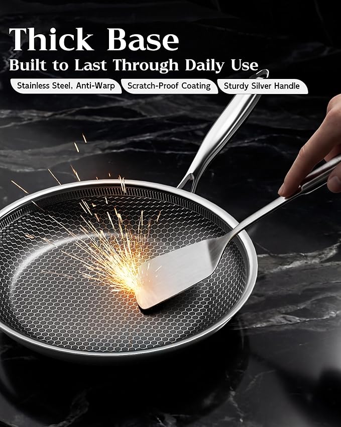 Nonstick Frying Pan with Lid 12-Inch, Durable Stainless Steel Skillet, Induction Cooktop Compatible, PFOA-Free Scratch-Proof, Dishwasher & Oven Safe, Stay-Cool Handle, Silver Kitchen Cookware