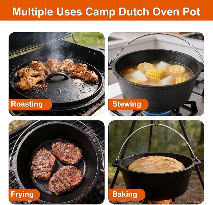 Pre-Seasoned 10QT Large Cast Iron Camping Dutch Oven Pot with Lid | Heavy- Duty Camping Cookware incl. Lid Lifter - Dual Handles - for Outdoor Campfire, Grill, Oven & Stovetop Cooking Black