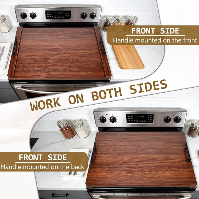 Noodle Board Stove Cover with Handles, Wood Stove Top Covers for Electric Stove and Gas Burners, Wooden Decorative Serving Tray Kitchen Sink Cover for Counter Space (Walnut)