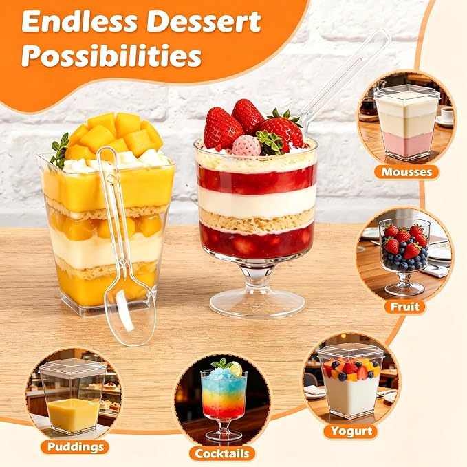 430-Pack 5oz Disposable Clear Dessert Cups with Lids and Spoons | Parfait Cups, Mini Shooter Cups, Square Appetizer Cups, For Party Ice Cream Yogurt Pudding