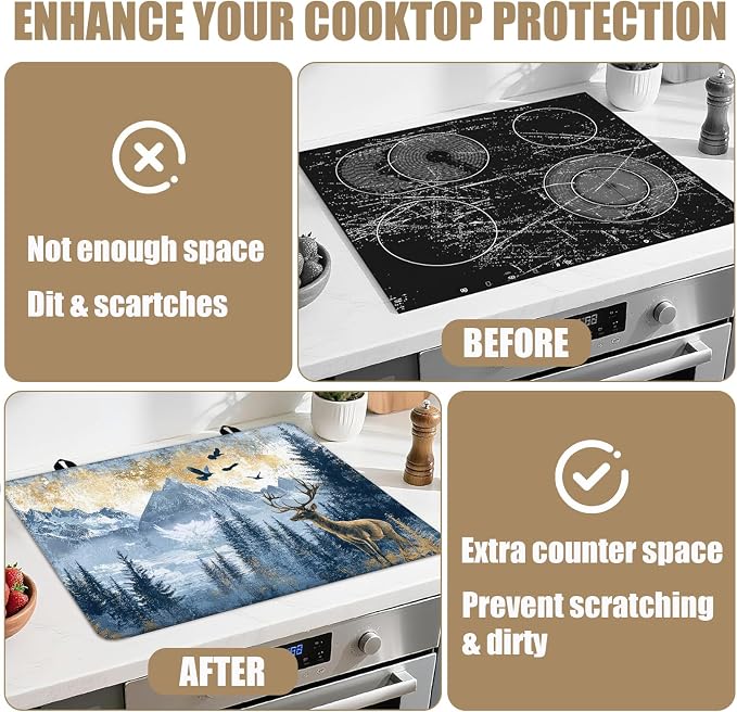 Misty Forest Deer Stove Top Covers for Electric Stove, Mountain Electric Gas Stove Pad Heat Resistant Range Cooktop Protector for Home Decor Kitchen 28"x20"
