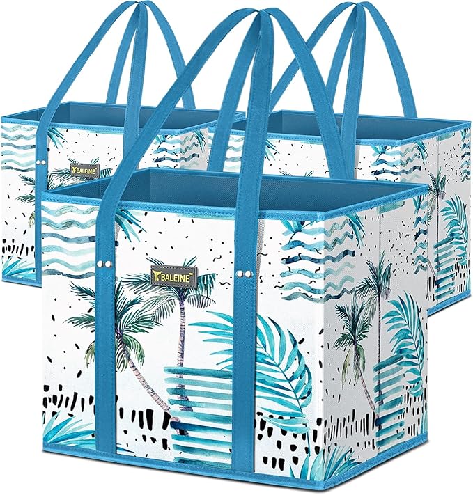 BALEINE 3PK Reusable Grocery Bags, Heavy Duty Shopping Tote Bag | 12'' Long Handles, Reinforced Bottom Keeps Upright, Fold Flat Storage, Water-Resistant Shopping Bag, Multiple Color Options