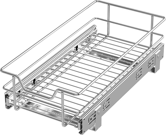 Pull Out Cabinet Organizer 9" W X 17" D, Chromed, Full Slide Out Drawers | For Kitchen Organizers and Storage, Pull Out Drawers For Cabinets Capacity Heavy Duty Caddy, Cabinet Shelves, Bathroom Pantry