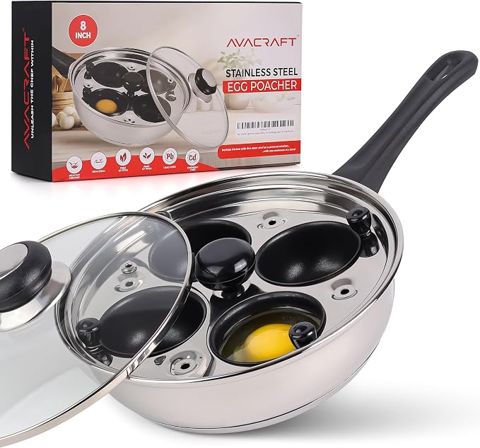 AVACRAFT Stainless Steel Egg Poacher Pan with 4 Egg Cups | Food-Grade Stainless Steel, Tempered Glass Lid, 4 Egg Cups, Induction Compatible, Dishwasher Safe, Multipurpose Pan