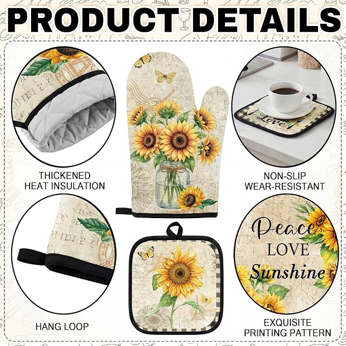 10 Pcs Kitchen Decor and Accessories Set, Sunflower Fall | Farmhouse Rustic 4 Dish Towels Kitchen Rugs 2 Oven Mitts 2 Pot Holders, Home Decor for Cooking Baking BBQ Housewarming