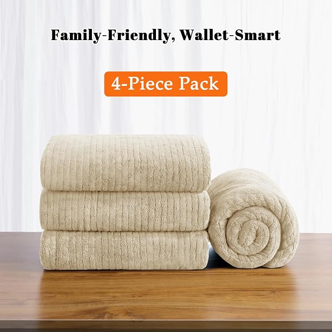 4 Pack Bath Towels Set 35 x 70in Extra Large, Ultra Soft Microfiber | Luxury Thick High Absorbent and Quick Dry Bath Sheet for Bathroom, Beach, Yoga, Sport,SPA, Fitness, Beige