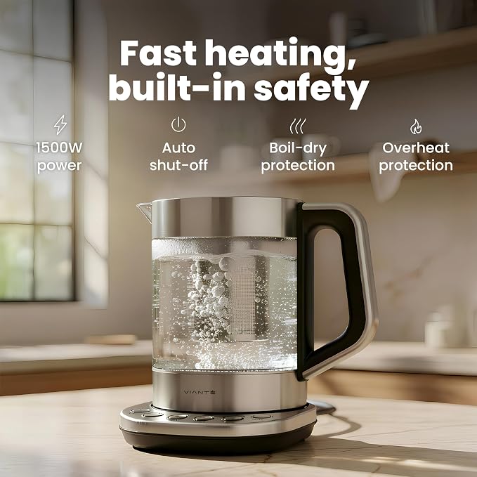 Viante Alba Electric Tea Kettle With Infuser, No Plastic, 1.5L | Borosilicate glass & 304 stainless steel construction. 4 temp presets, keep-warm, cordless, auto shut-off