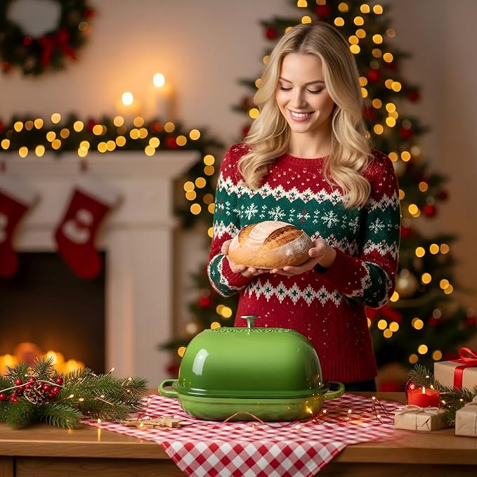 Cast Iron Bread Oven,6 QT Bread Oven,Thick Enameled Loaf Pan with Lid,Bread Pans for Homemade Bread,14.5"Dutch Oven for Bread Baking,Dutch Oven-with Silicone Baking Mat&Recipe,Gifts for Family,Green