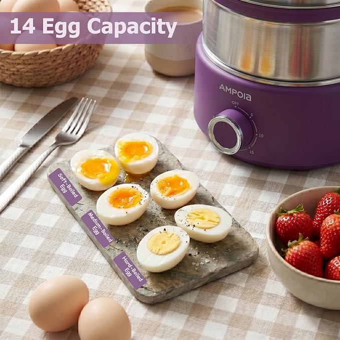 14 Eggs Electric Egg Cooker, 350W Rapid Egg Boiler with 30-Min Timer & Auto Shut-Off, Stainless Steel, Dishwasher Safe for Soft, Medium, Hard Boiled, Steamed Eggs, Vegetables & Seafood, Purple