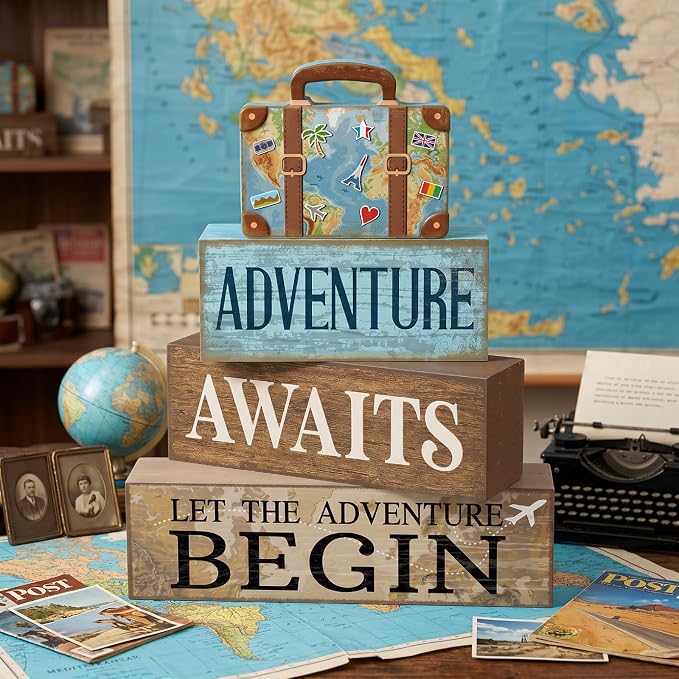 Lineshading Pcs Travel Party Decoration Vintage Adventure Await Table Decor | Stackable Rustic Decor, Bon Voyage Party Centerpiece, Luggage Design, Tiered Tray Decorations, Travel Retirement Gift