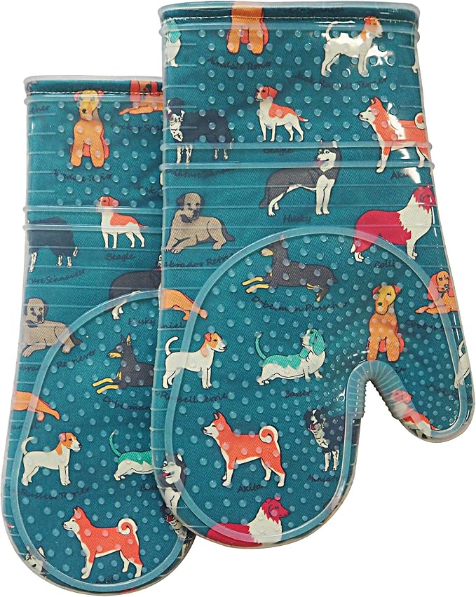 Oven Mitts with Transparent Clear Silicone Shell and Nice Dog Printing | Potholders Cotton Lining Set of 2, Heat Resistant to 500 F Kitchen Oven Gloves for Cooking (Blue Dog, Potholders)