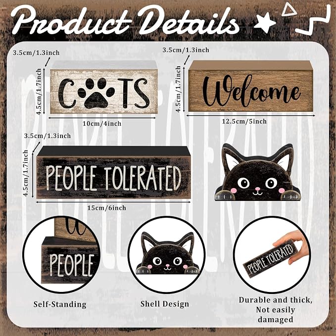 Lineshading 4 Pcs Cat Wooden Sign Set, Farmhouse Tiered Tray Decor | Stackable Welcome Blocks with Cat Topper, Rustic Wood, People Tolerated Sign, Tabletop Shelf Decor for Pet Owners