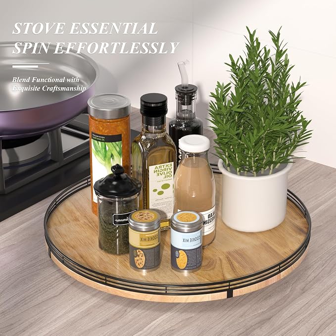 AMH 18-Inch Extra Large Farmhouse Oak Lazy Susan Organizer | Smooth rotating oak tray with walnut finish for dining tables, kitchen counters, pantries and cabinet storage.