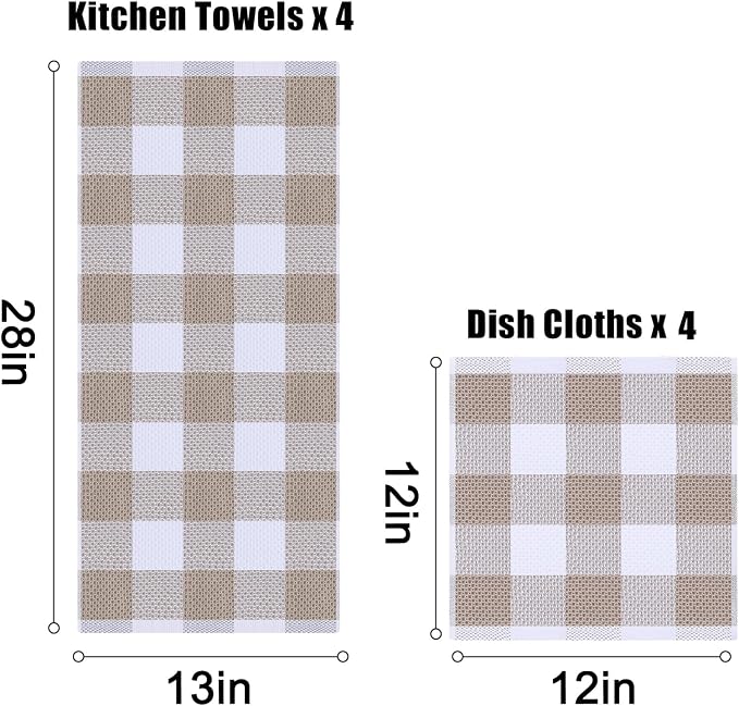 Homaxy Kitchen Towels and Dishcloths Set, Set of 8, White & Khaki | Bulk Cotton Waffle Weave Check Plaid Kitchen Towels, Super Soft and Absorbent Dish Cloths, 12 x 12 and 13 x 28 Inches