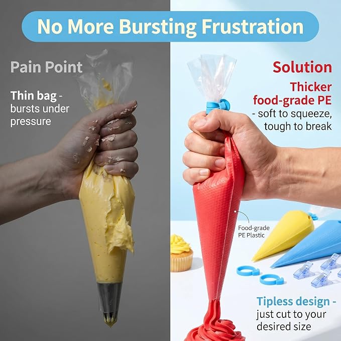 122Pieces Tipless Piping Bags - 100pcs Disposable Piping Pastry Bag for Royal Icing/Cookies Decorating - 10 Pastry Bag Ties,10 Clips &2 Scriber Needle - Best Cookie/Cake Decorating Tools (14 inch)