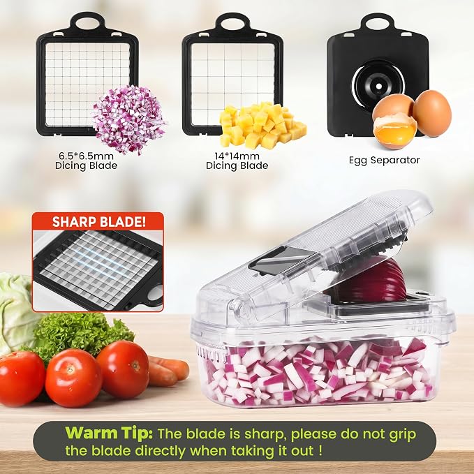 Yusshn Vegetable Chopper, 12-in-1 Food Veggie Chopper Cutter with Container | 7 Sharp Blades Dice, Slice, Shred and Grate for Salads, Onions and Meal Prep, with a Non-Slip Base and Drain Basket