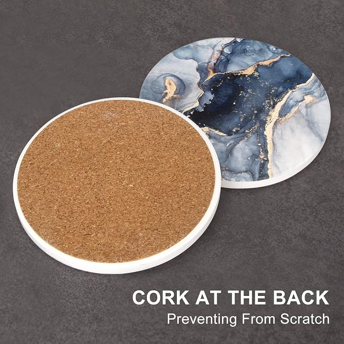 Coasters Set of 6, Navy Blue Marble Abstract Ceramic Coasters with Holder | Best Round Absorbent Drink Coaster Set, Coffee Table Decor for Home Decor House Warming Gifts New Home