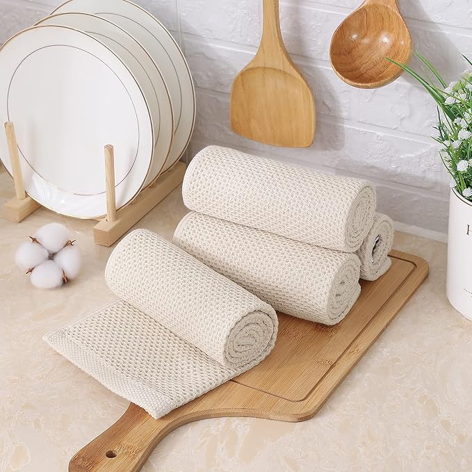 Kitinjoy 100% Cotton Waffle 4-Pack Kitchen Towels, 13" x 28", Beige | Super Soft, Ultra-Absorbent, Fast Drying, lightweight, Quick Drying Kitchen Hand Towels