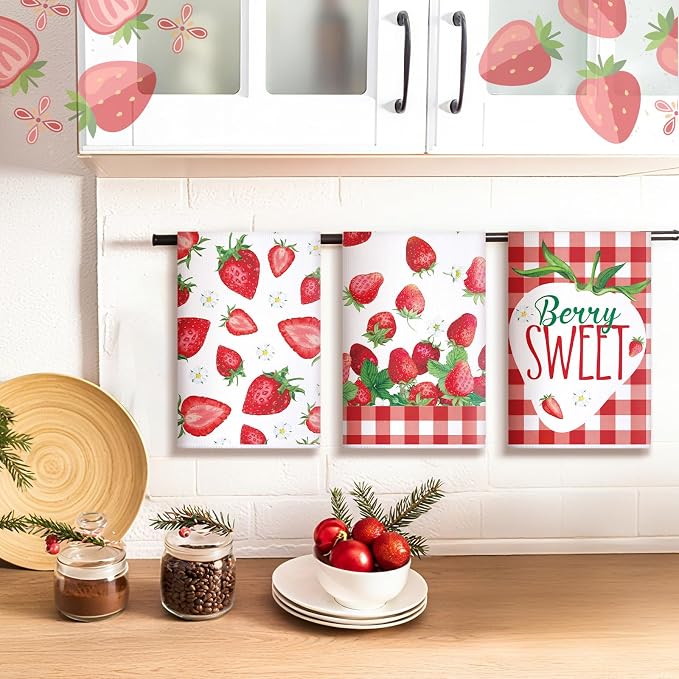 4 Pcs Strawberry Kitchen Towels Berry Hand Dish Towels Gift | Absorbent White Red Grid Tea Towel Fast Drying Housewarming Gift for Kitchen Bathroom Holiday Summer Strawberry Party Decor
