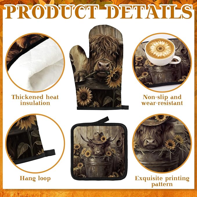 Fanfanwin 10 Pcs Fall Pumpkin Kitchen Decor Set Kitchen Towels Pot Holders Oven Mitts and Rugs Set Thanksgiving Towels for Baking Cooking BBQ Autumn Home (Brown,Cow Sunflower)