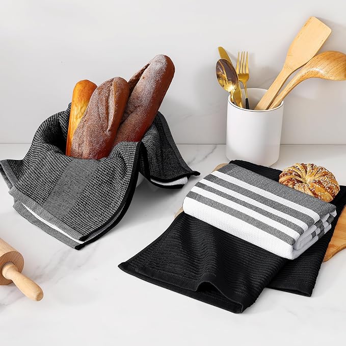 Homaxy Cotton 380 GSM Premium Kitchen Towels, 18"x 28", 6 Pack, Black | Soft and Absorbent Terry Dish Towels, Multipurpose Tea Towel Set with Hanging Loop, 3 Styles Kitchen Hand Towels