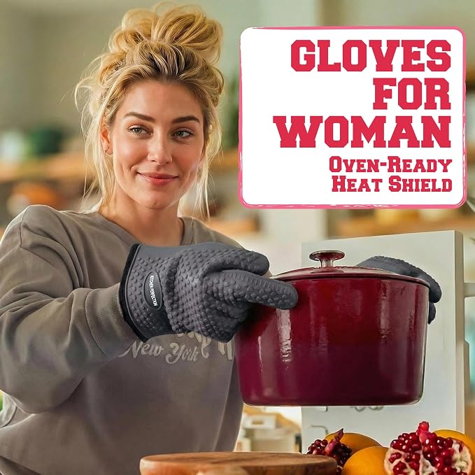KITCHEN PERFECTION S Silicone Smoker BBQ Gloves - Heat Resistant Oven Mitts | Made For Women, Waterproof, 5-Finger Design For A Better Grip, For Meat Smoking, Grilling, Cooking, Frying Turkey, Grill Gift